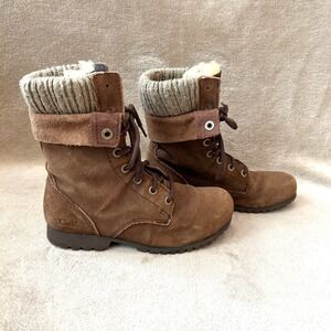 Cat Womens  5.5 Alexi suede lace-up ankle boots Dark Snuff Brown faux fur/knit